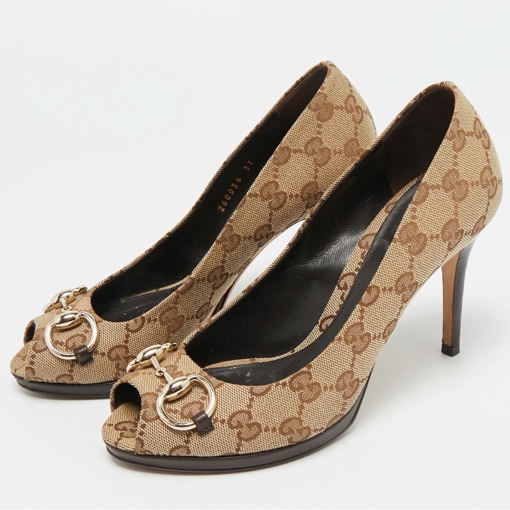 Gucci Tan and Brown Peep Toe Heels